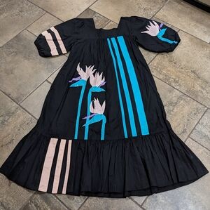 Vintage Ramona Rull Boho Puff Sleeve Floral Sequin Ruffle Midi Dress